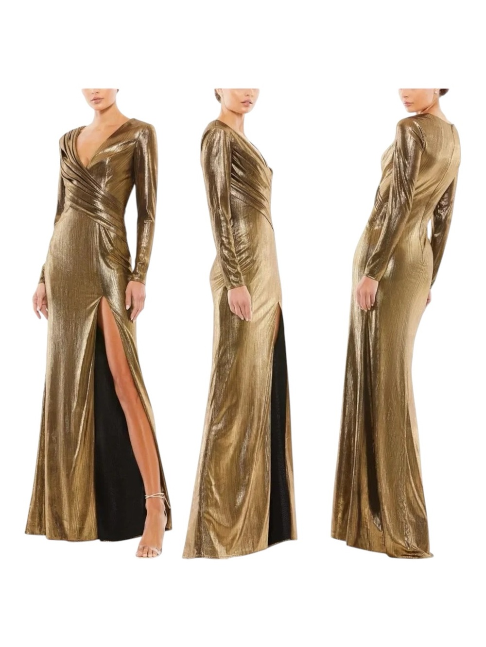 IEENA Mac‎ Duggal Gold Metallic Long-Sleeve Asymmetrical Ruched Gown Size 12